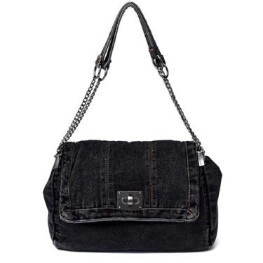 Imagem de LEESION Bolsa jeans feminina bolsa jeans bolsa de ombro bolsa transversal retrô moderna para uso diário e viagens, Preto, B, Large, Bolsa tiracolo de ombro jeans