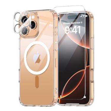 Imagem de Saiuxiu Capa para iPhone 16 Pro Max, compatível com MagSafe, capa fina magnética, antiamarelamento e à prova de choque, proteção total da câmera, inclui protetores de tela e lentes, capa protetora