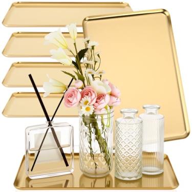 Imagem de Vesici 6 peças, bandeja decorativa retangular de metal, dourada, organizador de perfume, vela, toalha, maquiagem, joias, organização, cômoda, balcão de penteadeira, mesa de café, 29 x 19 cm