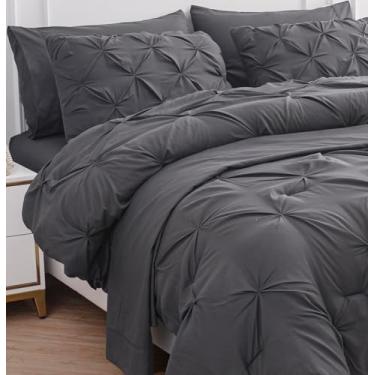 Imagem de LANE LINEN Conjunto de edredom Queen, 7 peças, fronhas e fronhas - edredom pintuck e cama queen macia em um saco - cinza