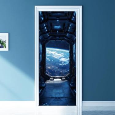 Imagem de arricraft Adesivo autoadesivo de porta de 2 folhas, 80 cm x 200 cm/31,5 x 78,7 polegadas espaçonave janela porta murais adesivos PVC removível papel de parede decoração para quartos sala de estar