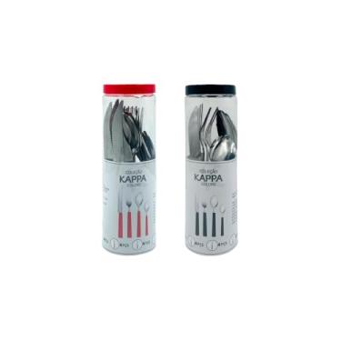 Imagem de Jogo de Talheres Premium, 16 Peças em Aço Inox com Cabo Preto, Conjunto com Facas, Garfos, Colheres de Mesa e Sobremesa, Embalagem Cilíndrica, 20cm