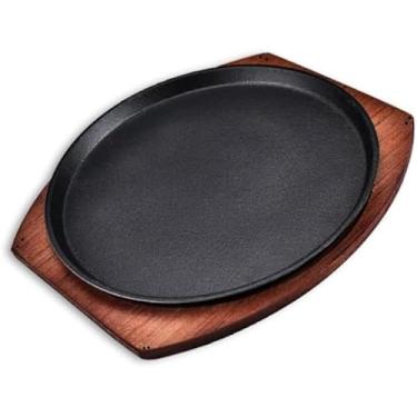 Imagem de YYJINGYOU Chapa para bife de ferro fundido com base de madeira, 19 cm