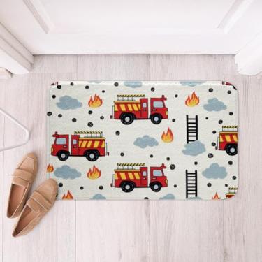 Imagem de Feelyou Tapete de porta de lã macia de caminhão de bombeiros de desenho animado de poliéster bombeiros carro bombeiros tapete de banho antiderrapante cinza nuvem banheiro chão capacho interior, 40,6 x