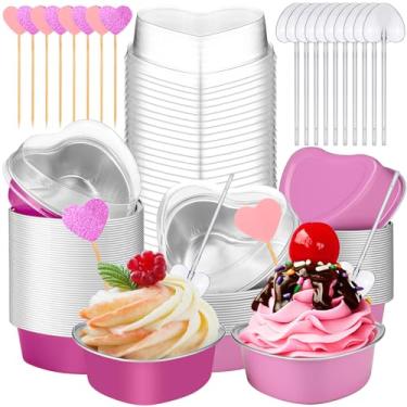Imagem de Vesici O conjunto de formas de bolo de coração inclui mini formas de bolo de alumínio, colher de plástico, topo de cupcake de coração, copos descartáveis para festa de casamento (rosa vermelha, rosa,
