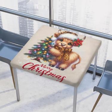 Imagem de hongjinglin Toalha de mesa quadrada para uso ao ar livre com borda elástica justa toalha de mesa fofa de vaca highland de Natal para decoração de cozinha de 117 x 117 cm