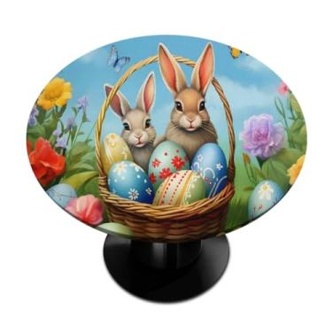 Imagem de hongjinglin Toalha de mesa redonda com borda elástica de Páscoa, toalha de mesa redonda limpável para ambientes internos e externos, pátio, jantar, cozinha, festival, decoração para mesas de 101 a 111