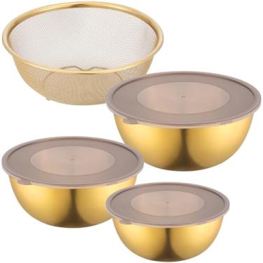 Imagem de Anmrept Tigelas douradas com tampas herméticas, tigela de mistura de aço inoxidável 304, conjunto de 3 organizadores de encaixe de metal e 1 escorredor inferior antiderrapante para assar servir