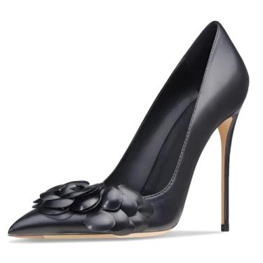 Imagem de Qunvngutui Sapato feminino bico fino boca rasa sexy fivela quadrada strass 10 cm salto agulha sem cadarço festa de casamento banquete tamanho grande, Flores pretas, 38