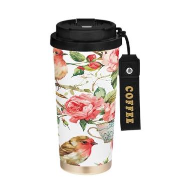 Imagem de SEHANY Caneca de café de viagem Flores e pássaros de 482 g com tampa revestida de cerâmica e à prova de vazamento, parede dupla, copo de aço inoxidável isolado a vácuo para bebidas quentes e frias