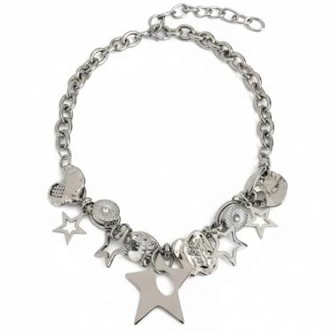 Imagem de MJFSGYO Colar feminino com estrela de prata Y2K, combinação de várias formas, colar de prata grosso, joias punk fashion grunge, colar emo, aplicável a ruas ao ar livre, acessórios Y2K