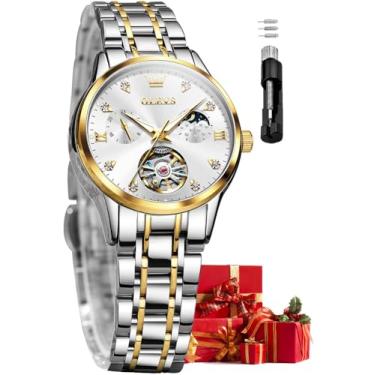 Imagem de OLEVS Relógios automáticos femininos luxuosos de aço inoxidável dourado e prata de aço inoxidável mecânico, volante, fase da lua, mostrador azul e branco, à prova d'água (mostrador branco)