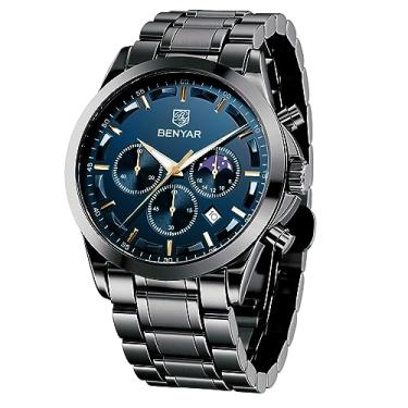 Imagem de BENYAR Relógio de pulso masculino à prova d'água, multifunções, cronógrafo, preto, moderno, casual, esportivo, designer com calendário, pulseira de couro/aço inoxidável, Preto, Cronógrafo