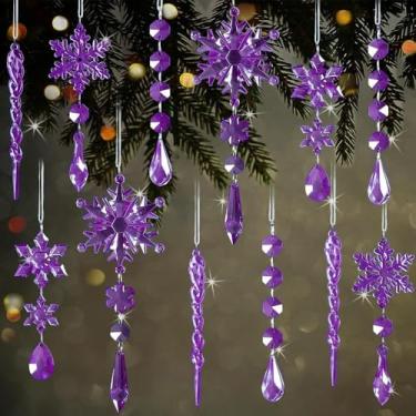 Imagem de 9 peças de enfeites de Natal roxos para pendurar em floco de neve - enfeites de gelo de floco de neve de cristal acrílico com pingentes de gota para decoração de lustre do país das maravilhas de