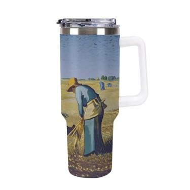 Imagem de Copo de café de campo de trigo com ceifador, copo de café, copo Stanley de grande capacidade, aço inoxidável, isolado a vácuo, selado para suporte de copo de carro e ao ar livre à prova de vazamento e