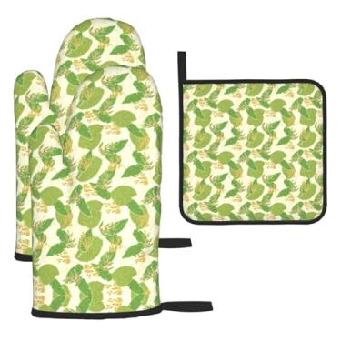 Imagem de Tropical Plant – Conjunto de cozinha essencial com 3 peças, luvas resistentes ao calor e alça de tampa, proteção para churrasco no forno, design de armazenamento suspenso.
