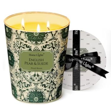 Imagem de HomeLights Velas de cera de soja perfumadas para casa, velas de 3 pavios em fragrância de pêra e camurça inglesa, textura boêmia natural, velas de aromaterapia, presente para festas, relaxantes, 1000