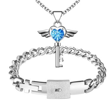 Imagem de Rofusn Conjunto de colar de pulseira de cadeado e chave: pulseira de bloqueio de aço inoxidável pingente de chave de coração de asa de anjo para casais joias de aniversário de casamento presentes de