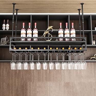 Imagem de APUM Rack de vinho suspenso, rack de vidro de teto ajustável, com suporte de vidro e prateleira, suporte de vidro de metal de 2 camadas, suporte de garrafa de bar prateleira de vinho