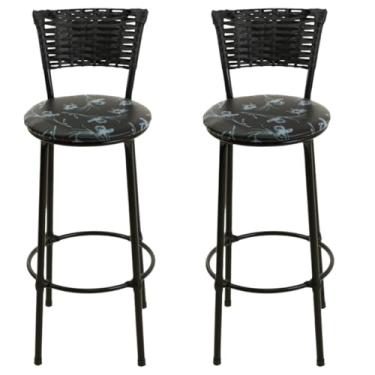 Imagem de Jogo de 2 Banquetas Alta De Fibra Sintética preto Casa Bar Balcão Junco Vime (PRETO FLORIDO)