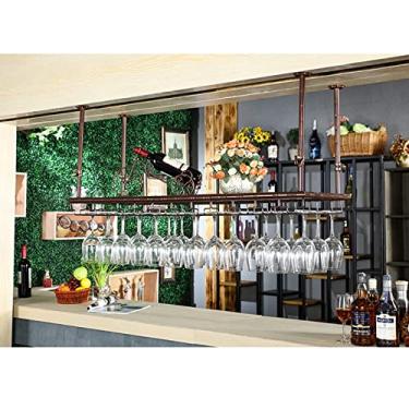 Imagem de APUM Suporte para pendurar para copos de vinho - Suporte de garrafa suspenso no teto, suporte de vinho vintage de ferro forjado para parede, decoração de casa de altura ajustável