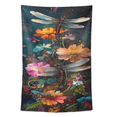 Imagem de STAYTOP Tapeçaria de parede de flores silvestres e libélulas para decoração de casa decoração de dormitório sala de estar quarto tapete de parede (80 × 60 pol)