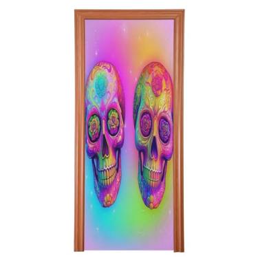 Imagem de Qilmy Decoração de capa de porta de Halloween 89 x 200 cm tecido grande placa de decoração de festa de Halloween para porta da frente Halloween crânio varanda decoração externa janela parede 951