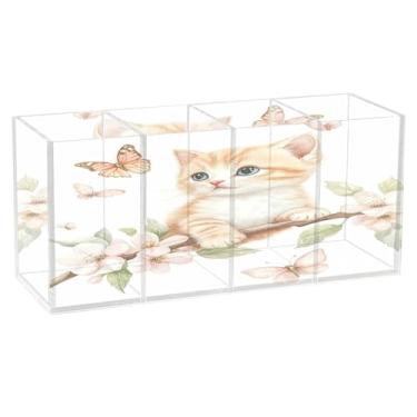Imagem de Burbuja Porta-canetas de acrílico Kitten Butterfly com 4 compartimentos, suporte de lápis transparente para pincéis de maquiagem, acessórios de mesa de escritório em casa