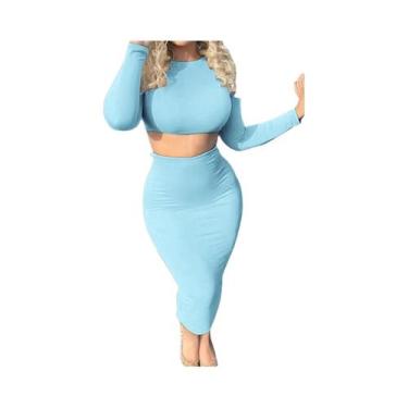Imagem de Conjunto De Vestido Com Top Cropped De Manga Longa E Saia Midi Para Mu