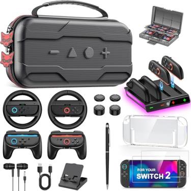 Imagem de Switch 2 Accessories Bundle Kit for Nintendo Switch 2, Carrying Case for Switch 2/Switch/Oled, Joycon Charger, Screen Protectors, Steering Wheel, Joypad Grip, Game Cards Case & More for Nintendo