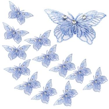 Imagem de FixrWre 12 peças 3D strass renda bordado borboletas apliques, costura artesanato dupla camada organza remendos para vestido de noiva casamento roupas chapéu cortina (azul)