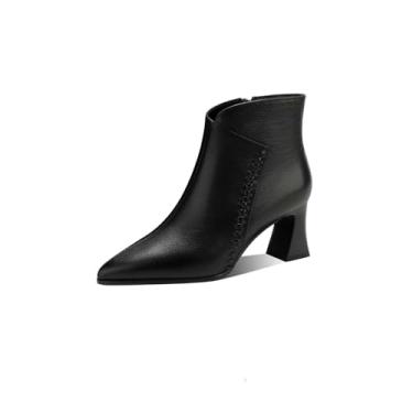 Imagem de TinaCus Botas femininas de couro legítimo com zíper, design de costura artesanal, bico fino, salto empilhado, botas curtas, Preto, 38