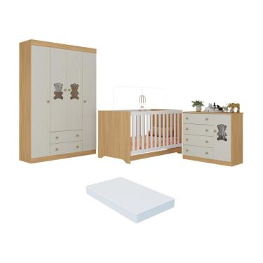 Imagem de Quarto De Bebê Completo Com Berço Americano 3x1 Colchão Teddy Multimóveis MP4660 Madeirado-off White