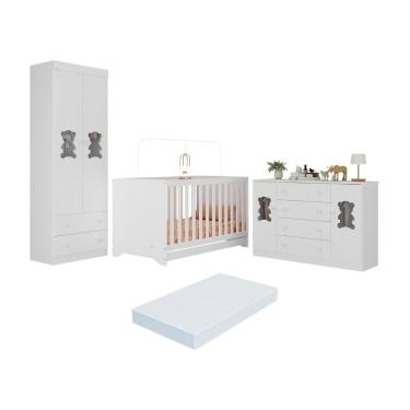 Imagem de Quarto De Bebê Completo Com Berço Americano 3 Em 1 Colchão Teddy Multimóveis MP4672 Branco