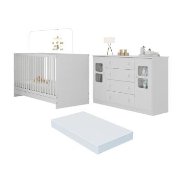 Imagem de Berço 3 Em 1 Com Colchão Incluso E Cômoda 2 Portas 4 Gavetas Brisa Multimóveis MP4755 Branco