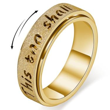 Imagem de LuckyAmor Anel Fidget Spinner Feminino - This Too SHALL PASS Aço Inoxidável Banhado a Ouro 18K Ansiedade Giratório Anel Inspirador para Alívio do Estresse, Anéis de Esperança de Polegar Presente para
