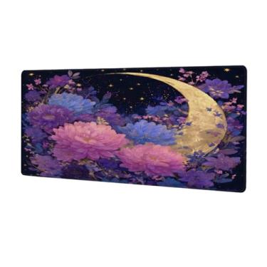 Imagem de Tapete de rato grande com flores roxas e lua, impermeável, para computador, tapete protetor de mesa estendido, base de borracha antiderrapante, para escritório, computador, teclado, laptop e mesa de