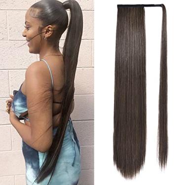 Imagem de Grampo de extensão de rabo de cavalo longo e reto em volta do rabo de cavalo extensões de cabelo sintético macio natural para mulheres 89 cm castanho médio com destaques castanhos dourados