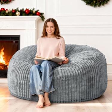 Imagem de HABUTWAY Cadeira pufe de 1,8 m, cadeiras grandes para adultos com capa de pelúcia listrada removível, cadeira de espuma viscoelástica para sala de estar, quarto, dormitório (cinza)