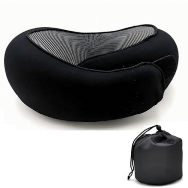 Imagem de Almofada de pescoço de viagem em forma de caracol – Suporte surround de 360°, almofada de viagem de espuma viscoelástica com fivela ajustável para aviões, carros e cochilos de escritório, Preto