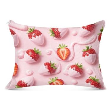 Imagem de Capas de almofada de flanela rosa cremosa de morangos vívidos com estampa decorativa King Queen tamanho padrão capas de travesseiro para cabelo e pele, tamanho padrão, 51 x 66 cm