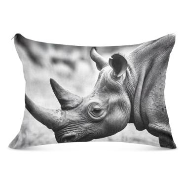 Imagem de Capa de almofada decorativa de rinoceronte preto branco animal com zíper king queen tamanho padrão linda capa de almofada macia para cama, tamanho king, 50,8 cm x 101,6 cm