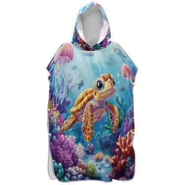 Imagem de Joisal Poncho de surfe para mudança de roupão adulto toalha de banho com capuz bonito wearable tartaruga coral água-viva azul homens mulheres poncho com capuz