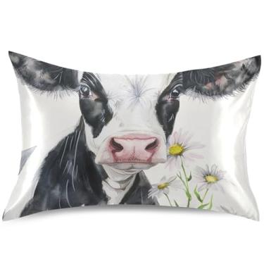 Imagem de Capa de almofada de cetim floral de vaca aquarela cores refrescantes capa de travesseiro padrão king queen capa de travesseiro de cama, tamanho padrão, 66 cm x 50 cm