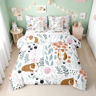 Imagem de Erosebridal Conjunto de edredom infantil com estampa kawaii de porquinho-da-índia, 7 peças, para meninas e meninos, lençol de cima fofo com estampa de pata, rosa e folha verde