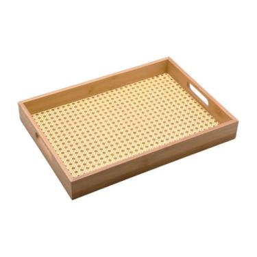 Imagem de Bandeja Retangular de Bambu e Rattan 39cm Com Alça Bandeja de Café e Decorativa