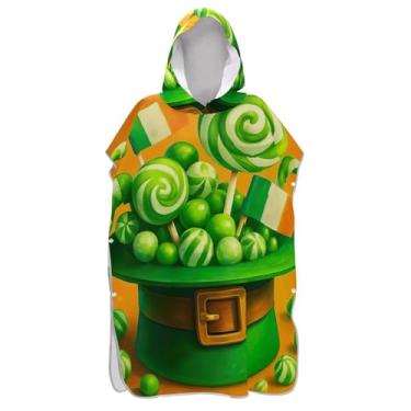 Imagem de TSENQUE Poncho de surf de secagem rápida para adultos trocador de roupão de banho toalhas com capuz verde chapéu de duende doces unissex poncho adulto com capuz