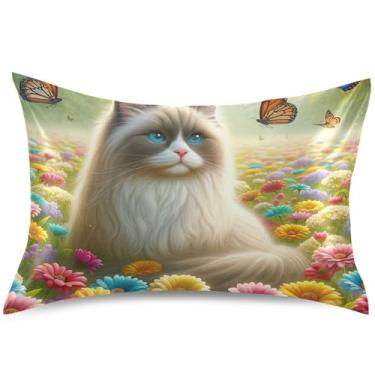 Imagem de Ragdoll Capas de almofada de cetim floral com estampa de gato para cabelo almofada refrescante padrão king queen decoração de cama de casa, tamanho Queen, 76 cm x 50 cm