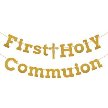 Imagem de Faixa de Primeira Comunhão, Decorações de Primeira Comunhão com Glitter Dourado Pré-Corda Decoração de Festa de Batizado Faixa Religiosa para Chuveiro Batismo Decoração de Festa