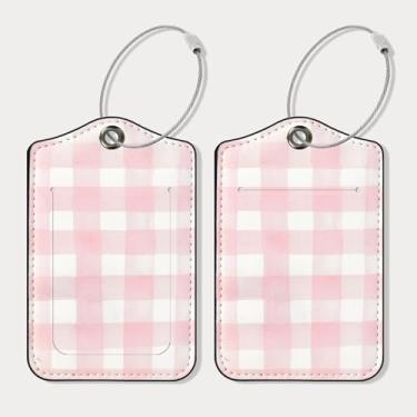 Imagem de Seorsok 2 peças de etiquetas de viagem para malas, linda etiqueta de nome de couro PU rosa claro quadriculado com capa de privacidade e cartão de identificação e anel de metal durável adequado para